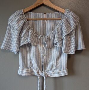 Free People Cream Ruffled Crop Blouse Blue and White Striped Women's Size S